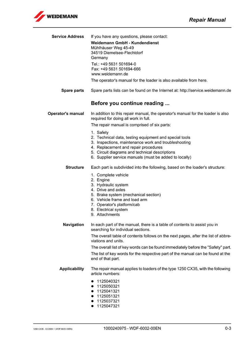 May include: A repair manual from Weidemann, featuring the company logo and contact information. The manual details the structure, navigation, and applicability for the 1250 CX35 loader, including a list of article numbers. The document is in English.