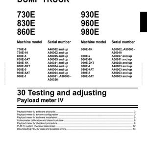 May include: Shop manual page for a dump truck, featuring model numbers 730E, 830E, 860E, 930E, 960E, and 980E. Includes serial numbers and details on testing and adjusting the Payload meter IV system. The Komatsu logo is at the bottom.
