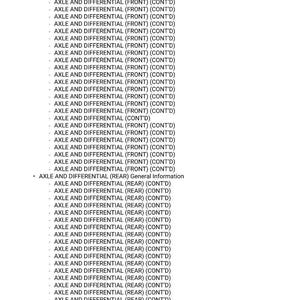 May include: A document with a list of automotive parts, including "AXLE AND DIFFERENTIAL (FRONT) (CONT'D)" and "AXLE AND DIFFERENTIAL (REAR) (CONT'D)". The text is in a sans-serif font, with a dot before each line item.