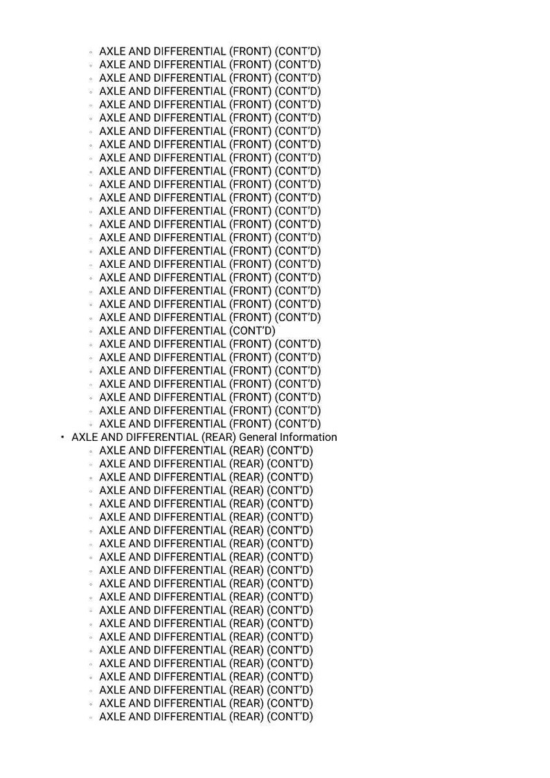 May include: A document with a list of automotive parts, including "AXLE AND DIFFERENTIAL (FRONT) (CONT'D)" and "AXLE AND DIFFERENTIAL (REAR) (CONT'D)". The text is in a sans-serif font, with a dot before each line item.