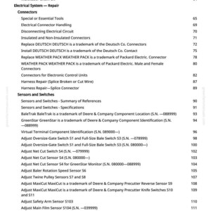 May include: A white page from a manual with a table of contents. The headings include "Electrical System - Repair", "Connectors", and "Sensors and Switches". Page numbers are listed on the right.