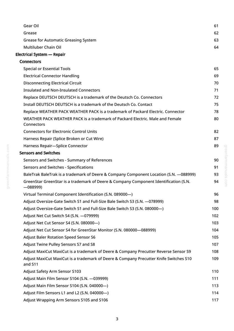 May include: A white page from a manual with a table of contents. The headings include "Electrical System - Repair", "Connectors", and "Sensors and Switches". Page numbers are listed on the right.