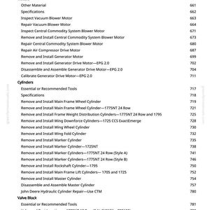 May include: A manual page featuring a table of contents. Sections include General Information, Motors, Cylinders, and Valve Block. The text details components and procedures, each with a page number for reference.
