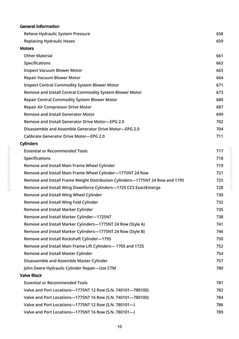 May include: A manual page featuring a table of contents. Sections include General Information, Motors, Cylinders, and Valve Block. The text details components and procedures, each with a page number for reference.