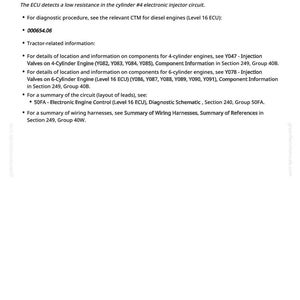 Pu&ograve; includere: Documento bianco con testo nero che descrive i dettagli della diagnostica ECU, in particolare la resistenza del circuito dell'iniettore. Il documento include punti elenco con procedure diagnostiche e informazioni sui componenti per motori a 4 e 6 cilindri. Il documento include anche il numero 838.