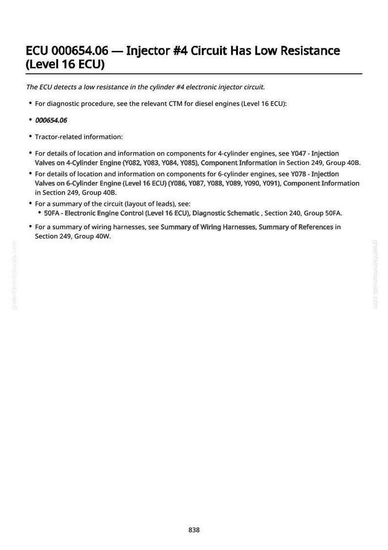 Pu&ograve; includere: Documento bianco con testo nero che descrive i dettagli della diagnostica ECU, in particolare la resistenza del circuito dell'iniettore. Il documento include punti elenco con procedure diagnostiche e informazioni sui componenti per motori a 4 e 6 cilindri. Il documento include anche il numero 838.