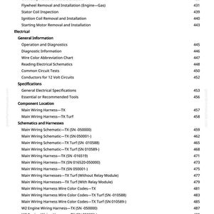 May include: A detailed table of contents from a manual, listing various electrical and mechanical inspection and installation procedures. Includes sections on wiring schematics, harnesses, and component locations. Page number 7 is visible.