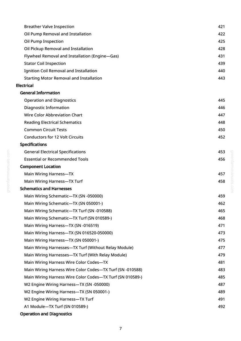 May include: A detailed table of contents from a manual, listing various electrical and mechanical inspection and installation procedures. Includes sections on wiring schematics, harnesses, and component locations. Page number 7 is visible.