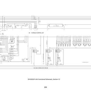 May include: A detailed black and white schematic diagram of a hydraulic control unit. The diagram includes various symbols, lines, and text labels, with the title "ZX1032531-UN: Functional Schematic, Section 12".