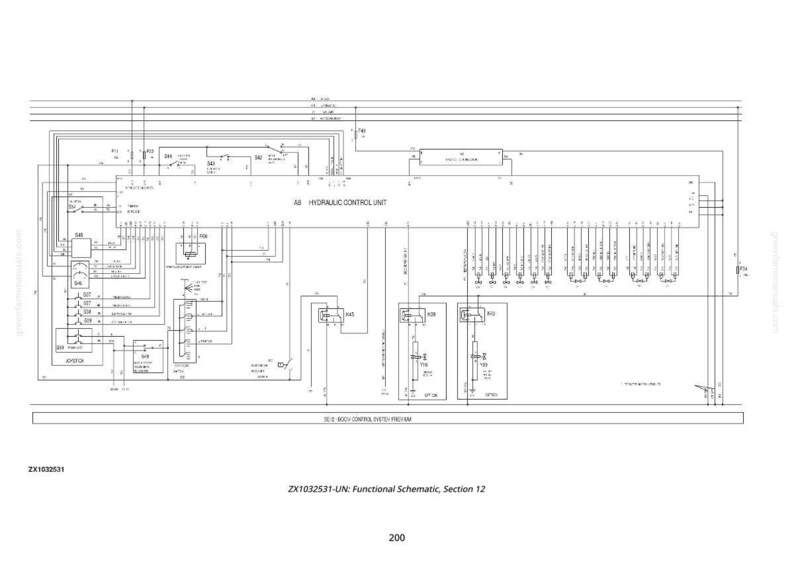 May include: A detailed black and white schematic diagram of a hydraulic control unit. The diagram includes various symbols, lines, and text labels, with the title "ZX1032531-UN: Functional Schematic, Section 12".