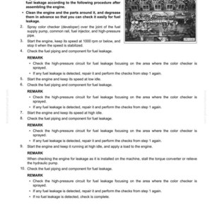 May include: A page from a manual detailing the disassembly and assembly of a fuel supply pump. The text includes instructions for checking fuel leakage, with an engine diagram and the text "140E-7 SERIES".