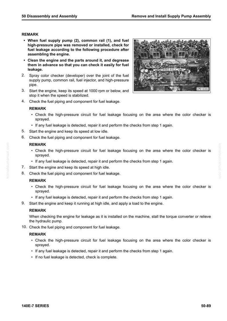 May include: A page from a manual detailing the disassembly and assembly of a fuel supply pump. The text includes instructions for checking fuel leakage, with an engine diagram and the text "140E-7 SERIES".
