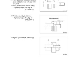 May include: Diagram of mechanical components with labels including "gland assembly" and "piston rod." Instructions detail assembly steps, tightening torque specifications, and the application of hydraulic oil. Measurements are in lbf-ft.