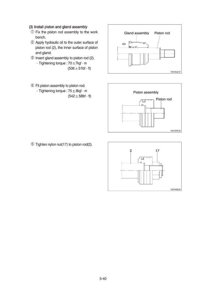 May include: Diagram of mechanical components with labels including "gland assembly" and "piston rod." Instructions detail assembly steps, tightening torque specifications, and the application of hydraulic oil. Measurements are in lbf-ft.