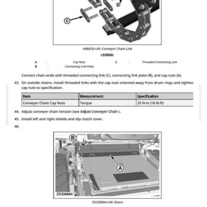 May include: Diagram of a conveyor chain link assembly with cap nuts, connecting link plate, and threaded connecting link. Includes a table specifying torque at 18 lb-ft. Also shows a diagram of doors with labels for upper and access doors.