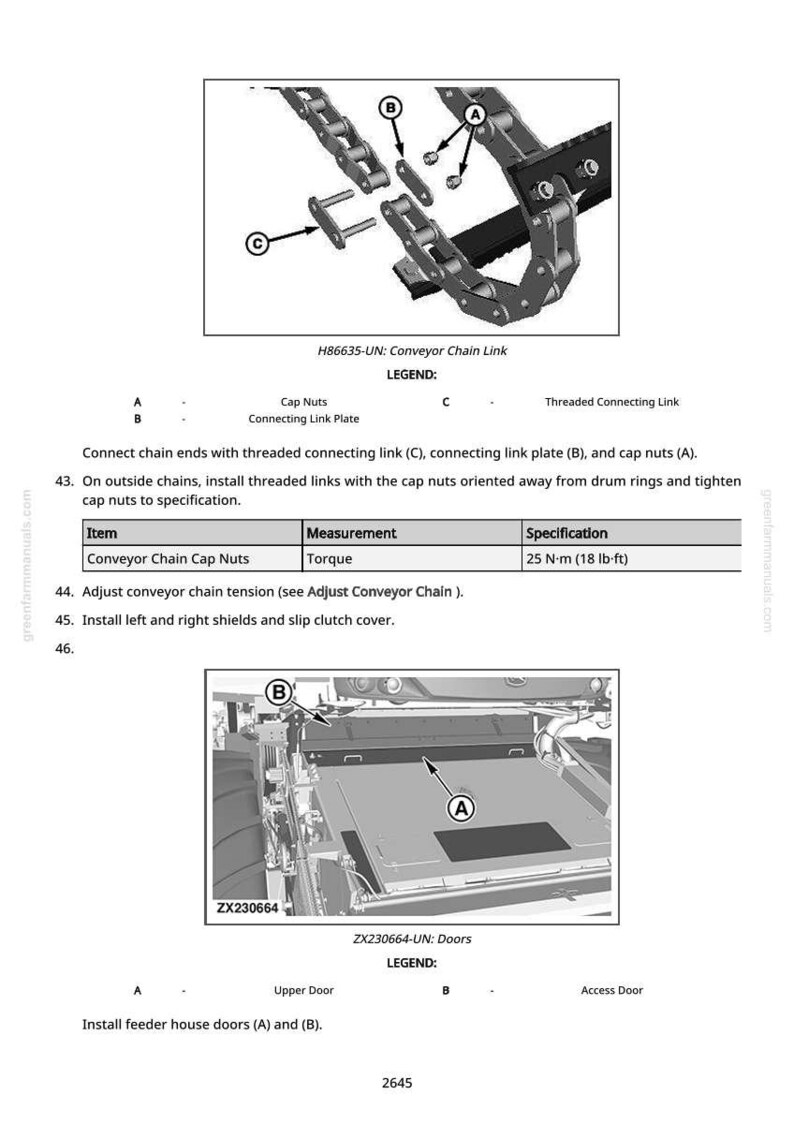 May include: Diagram of a conveyor chain link assembly with cap nuts, connecting link plate, and threaded connecting link. Includes a table specifying torque at 18 lb-ft. Also shows a diagram of doors with labels for upper and access doors.