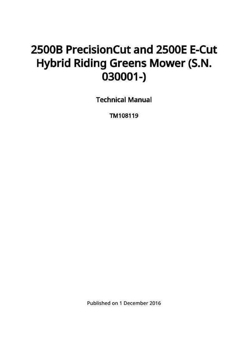 Op de afbeelding: Een wit document met zwarte tekst. De tekst luidt "2500B PrecisionCut and 2500E E-Cut Hybrid Riding Greens Mower (S.N. 030001-)". Daaronder staat "Technical Manual" en "TM108119". Gepubliceerd op 1 december 2016.