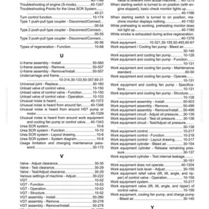 K&ouml;nnte beinhalten: Eine detaillierte Indexseite aus einem Handbuch, die ein Inhaltsverzeichnis mit verschiedenen Fehlerbehebungs-, Wartungs- und Betriebsverfahren enth&auml;lt. Der Text enth&auml;lt Begriffe wie &bdquo;Arbeitsausr&uuml;stung&ldquo;, &bdquo;Ventil&ldquo; und &bdquo;Urea SCR-System&ldquo;.