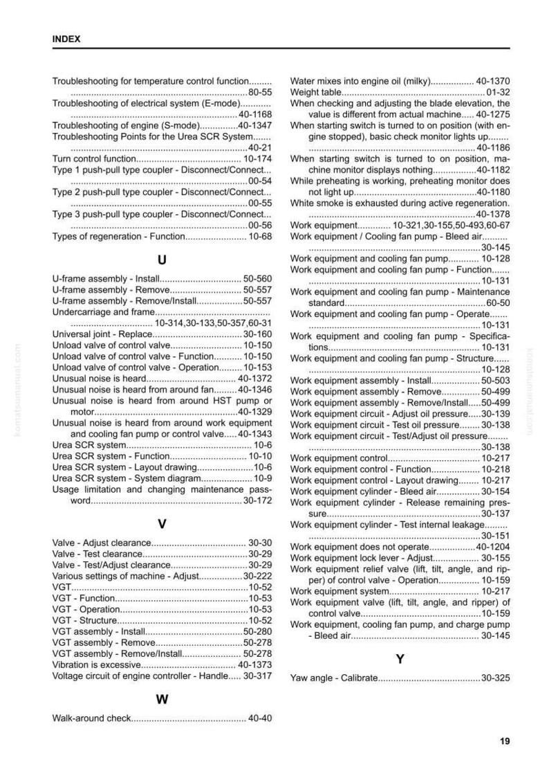 K&ouml;nnte beinhalten: Eine detaillierte Indexseite aus einem Handbuch, die ein Inhaltsverzeichnis mit verschiedenen Fehlerbehebungs-, Wartungs- und Betriebsverfahren enth&auml;lt. Der Text enth&auml;lt Begriffe wie &bdquo;Arbeitsausr&uuml;stung&ldquo;, &bdquo;Ventil&ldquo; und &bdquo;Urea SCR-System&ldquo;.