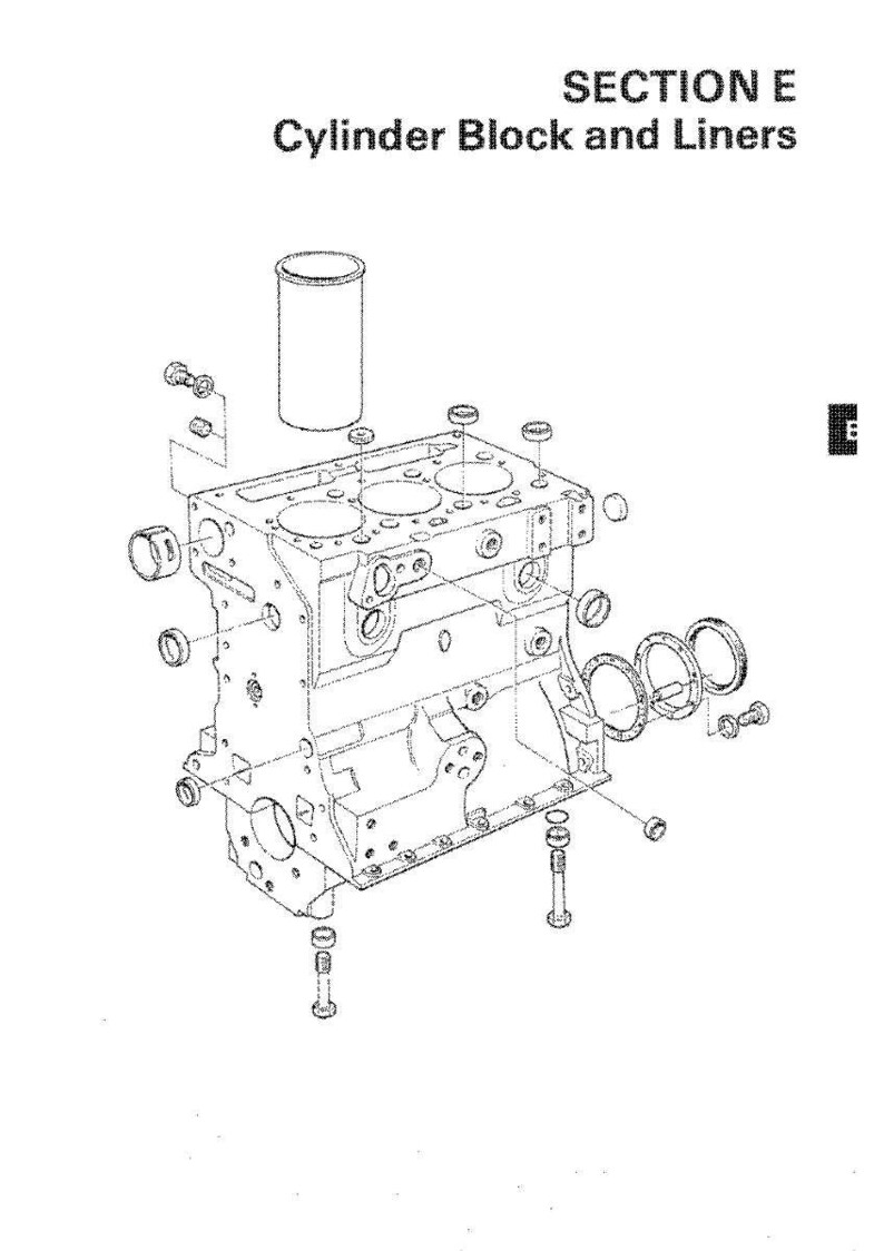 May include: An exploded diagram of a cylinder block and liners, with the text "SECTION E Cylinder Block and Liners" at the top. The diagram shows the cylinder block, cylinder liner, and various other engine components.