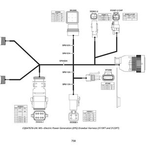 K&ouml;nnte beinhalten: Schwarz-wei&szlig;-Schema eines Zugdeichsel-Kabelbaums f&uuml;r die Stromerzeugung. Das Diagramm zeigt verschiedene Anschl&uuml;sse, gekennzeichnet mit Codes wie XX2413-1 und XX2601-2, die durch schwarze Linien verbunden sind. Der Text "CQ647676-UN" ist zu sehen.