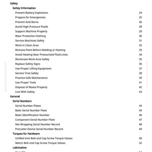 May include: A white page with a black table of contents for a manual. The table lists safety information, serial numbers, torques, and lubrication topics. The page numbers are listed on the right side.