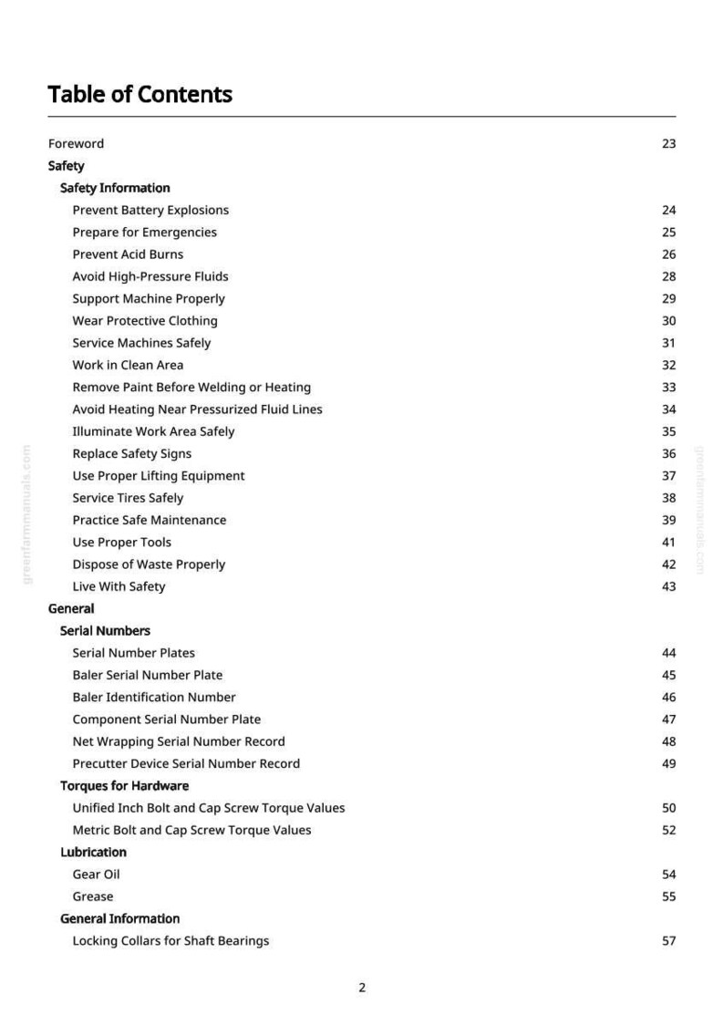May include: A white page with a black table of contents for a manual. The table lists safety information, serial numbers, torques, and lubrication topics. The page numbers are listed on the right side.