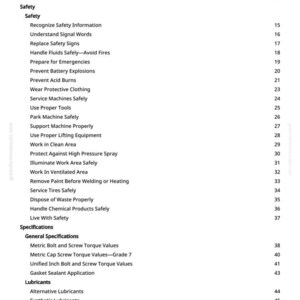 May include: A white page titled "Table of Contents" from a manual. The table lists safety topics, including "Handle Fluids Safely," and "Prevent Battery Explosions." The page numbers are on the right side.