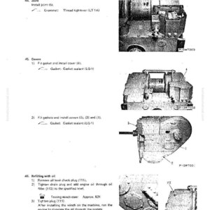 Puede incluir: Una p&aacute;gina del manual de desmontaje y montaje DWT125. La imagen muestra diagramas detallados de un cabrestante de remolque, incluyendo piezas como juntas, cubiertas y tapones. El texto incluye instrucciones para rellenar con aceite.