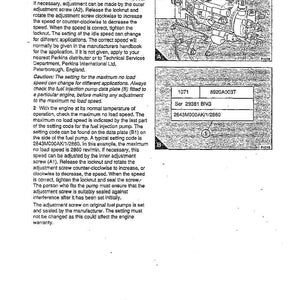 May include: A black and white technical diagram from the Perkins Phaser/1000 Series, April 1995, explaining the 20D fuel system. It provides instructions for adjusting the Lucas DP200 pump, with diagrams and part numbers. The text is in black.