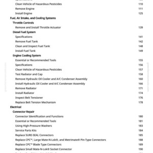 May include: A printed page from a manual with a table of contents. The headings include Component Removal and Installation, Fuel, Air Intake, and Cooling Systems, and Engine Cooling System. The page numbers are listed on the right.