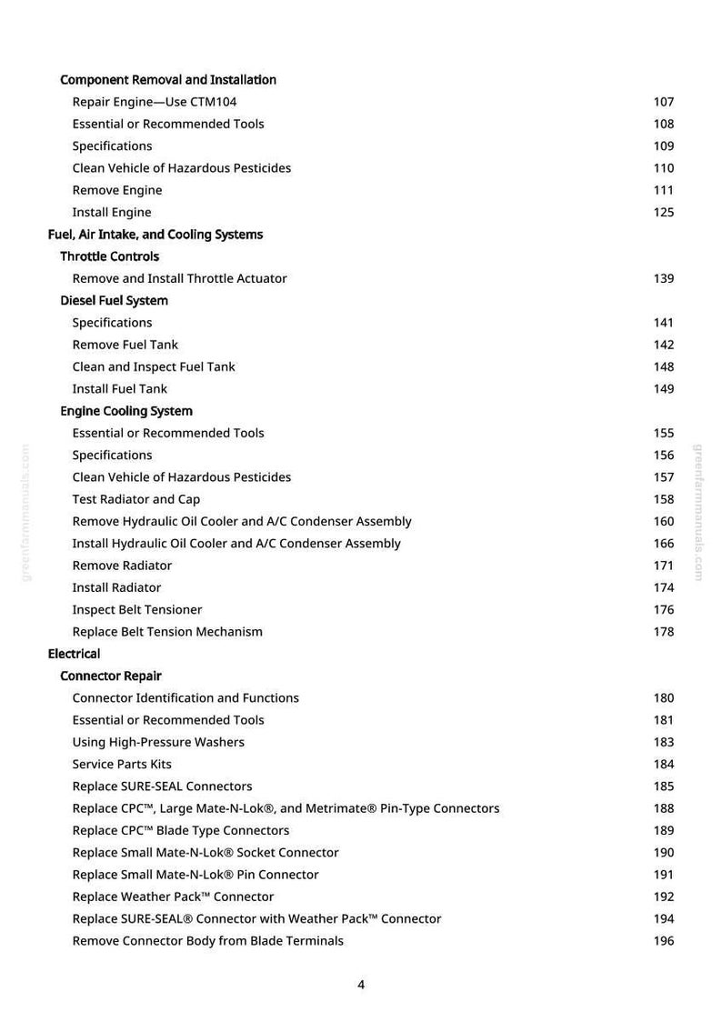 May include: A printed page from a manual with a table of contents. The headings include Component Removal and Installation, Fuel, Air Intake, and Cooling Systems, and Engine Cooling System. The page numbers are listed on the right.