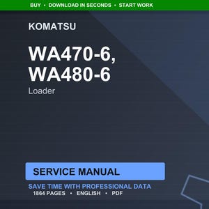 May include: Dark blue graphic with the Komatsu logo and the text "WA470-6, WA480-6 Loader". Below, a blue rectangle reads "SERVICE MANUAL". The text "SAVE TIME WITH PROFESSIONAL DATA" is also visible.