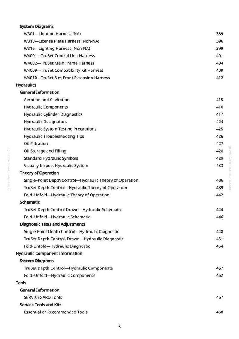 May include: A page from a manual with a table of contents. The headings include System Diagrams, Hydraulics, Theory of Operation, Schematic, Diagnostic Tests, and Tools. The page number is 8.