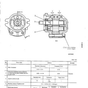 May include: Diagram of a towing winch pump, labeled 5-4, with detailed cross-sectional views and a table of specifications. The diagram includes measurements in millimeters and torque specifications in Newton meters.