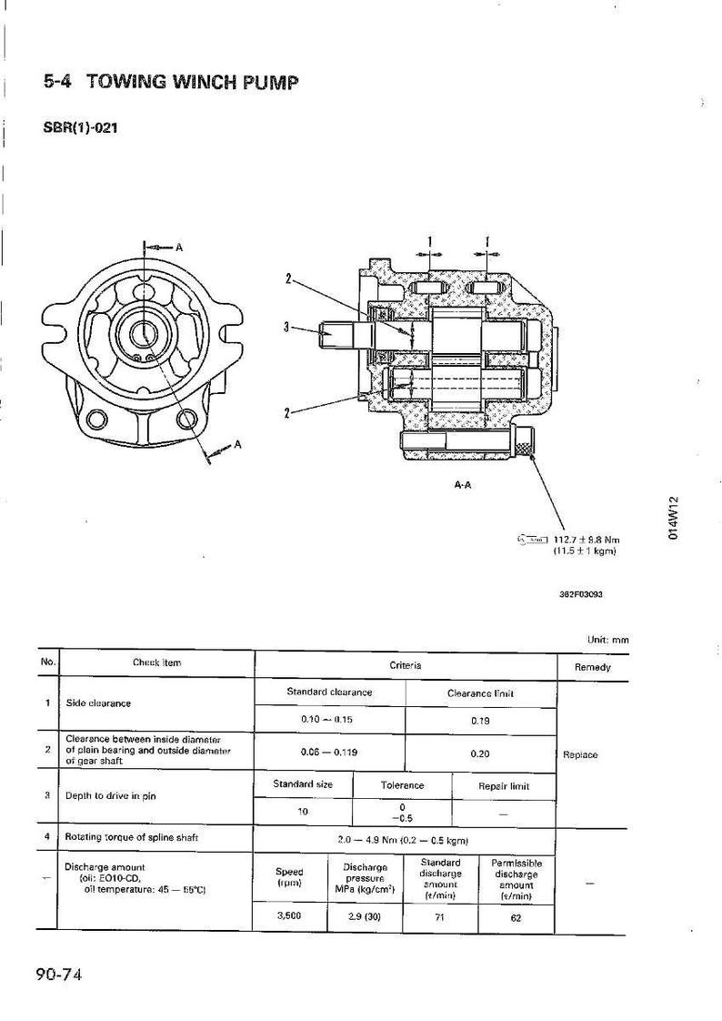May include: Diagram of a towing winch pump, labeled 5-4, with detailed cross-sectional views and a table of specifications. The diagram includes measurements in millimeters and torque specifications in Newton meters.