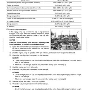 May include: A manual page detailing engine disassembly and assembly, with a table of sensor tightening torques in Nm and kgfm. Instructions are provided for checking fuel leakage after engine work.