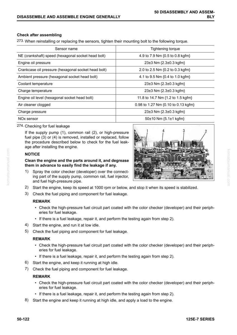 May include: A manual page detailing engine disassembly and assembly, with a table of sensor tightening torques in Nm and kgfm. Instructions are provided for checking fuel leakage after engine work.
