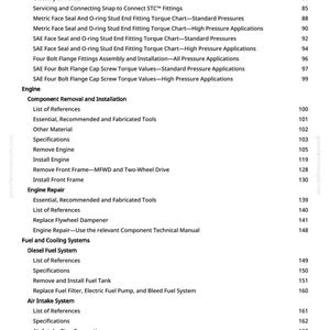 Puede incluir: P&aacute;gina de un manual con fondo blanco, que presenta un &iacute;ndice. Los temas incluyen "Valores de par de pernos y tornillos m&eacute;tricos", "Reparaci&oacute;n del motor" y "Sistema de admisi&oacute;n de aire". Los n&uacute;meros de p&aacute;gina est&aacute;n a la derecha.