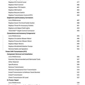May include: A page from a manual with a table of contents. The text includes procedures for armrest, engine speed, and transmission control. It also lists components and repair instructions for a tractor.