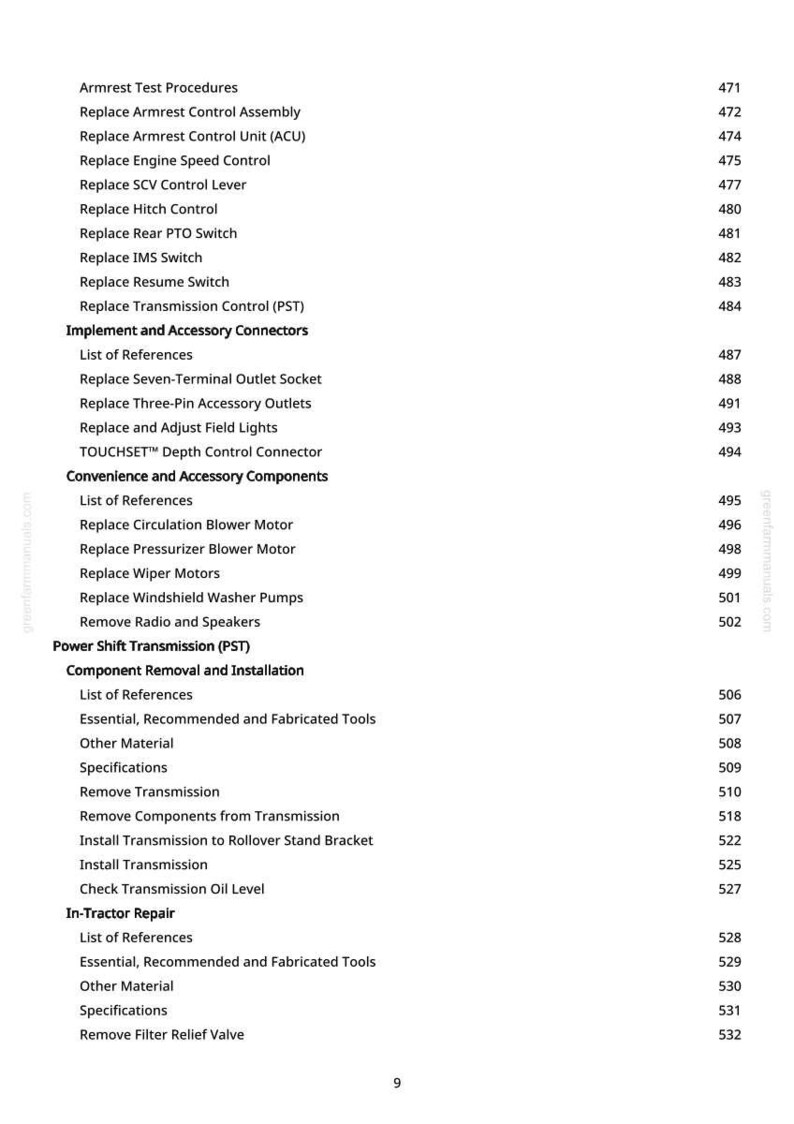 May include: A page from a manual with a table of contents. The text includes procedures for armrest, engine speed, and transmission control. It also lists components and repair instructions for a tractor.