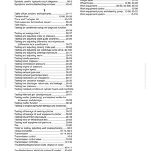 May include: A page from a manual with an index of terms related to machinery and vehicle maintenance. The index includes terms like "steering system," "testing fuel pressure," and "troubleshooting." The page is white with black text.