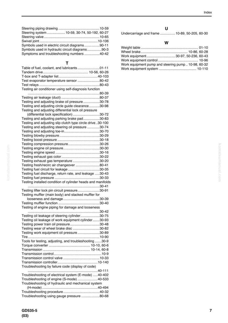 May include: A page from a manual with an index of terms related to machinery and vehicle maintenance. The index includes terms like "steering system," "testing fuel pressure," and "troubleshooting." The page is white with black text.