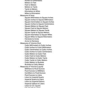 May include: A white document lists various unit conversions, including length, area, volume (dry and liquid), and mass. Conversions range from millimeters to inches, square millimeters to square inches, and grams to ounces. The text is in black font.