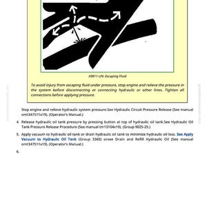May include: A caution sign with a diagram illustrating escaping fluid. The image includes text warning about hydraulic fluid under pressure and instructions to stop the engine and relieve pressure before disconnecting lines. The diagram shows arrows and lines.