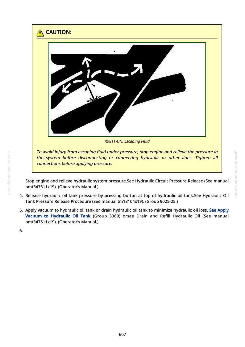 May include: A caution sign with a diagram illustrating escaping fluid. The image includes text warning about hydraulic fluid under pressure and instructions to stop the engine and relieve pressure before disconnecting lines. The diagram shows arrows and lines.