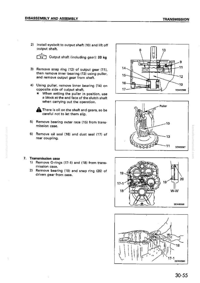 May include: Diagram of a transmission disassembly and assembly process. The image includes detailed illustrations of various components, such as gears, bearings, and seals, with labels and instructions. The output shaft weighs 33 kg.