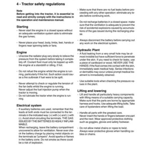 May include: A page from an operation and maintenance manual titled "Working in Safety." The text provides safety regulations for tractors, covering topics like starting the engine, engine maintenance, electrical systems, and hydraulic plant safety.