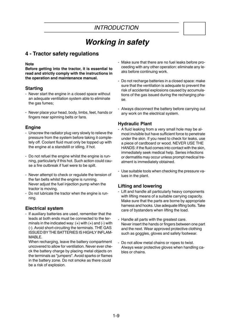May include: A page from an operation and maintenance manual titled "Working in Safety." The text provides safety regulations for tractors, covering topics like starting the engine, engine maintenance, electrical systems, and hydraulic plant safety.