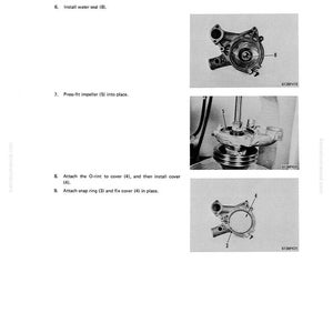 May include: A manual page showing the disassembly and assembly of an accessory. The page features diagrams and instructions for installing a water seal, impeller, O-ring, and snap ring. The diagrams are in black and white.